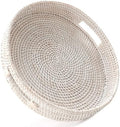 HITOMEN 14.2" Hand-Woven Round Rattan Serving Tray Decorative Ottoman Wicker Platter with Handles for Coffee Table, Breakfast, Drinks, Snack, Bread, Fruit, Vegetables (Whitewash-L) by HITOMEN
