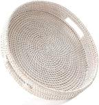 HITOMEN 14.2" Hand-Woven Round Rattan Serving Tray Decorative Ottoman Wicker Platter with Handles for Coffee Table, Breakfast, Drinks, Snack, Bread, Fruit, Vegetables (Whitewash-L) by HITOMEN