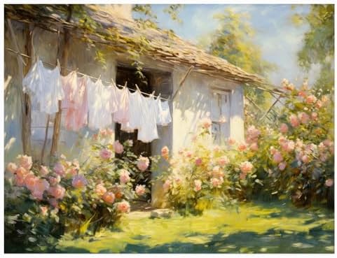 Farmhouse Laundry Room Art Print,Vintage Muted Pink Rose Garden Painting,Summer Cottage Print,Cottage Style Artwork,Laundry Hanging Poster,Farmhouse Artwork Cottage Core Decor 20x30inch Unframed by Unknown