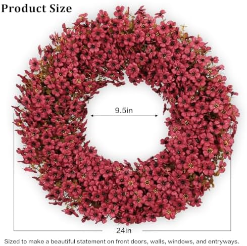 24" Burgundy Fall Wreath for Front Door, Artificial Mums Autumn Wreath - Image 2