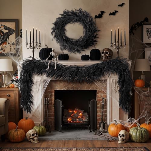 XunYee 6 ft Halloween Black Garland Artificial Norfolk Pine Garland Decor - Image 4