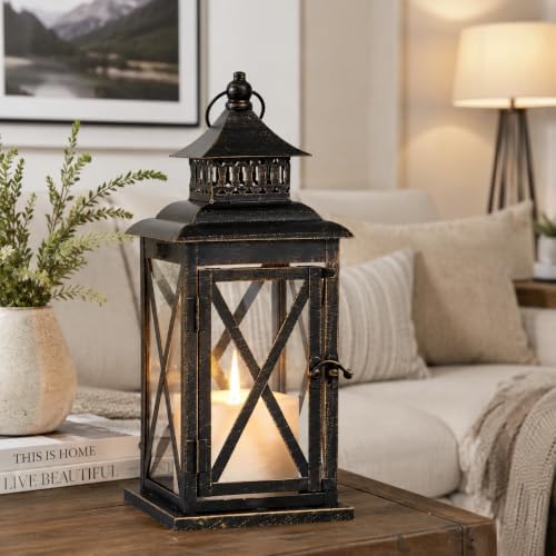 Lantern Decorative Indoor & Outdoor, Large Hanging Candle Lanterns Home Decor, Vintage Metal Candle Holders for Front Porch Patio Wedding Party, Halloween Christmas Decorations (Black) - Image 4