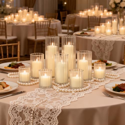36 Pack Ivory Pillar Candles + 36 Pack Vertical Ribbed Clear Glass Cylinder Holders, Hurricane Candle Shades for Wedding, Home, Party Table Centerpieces Decor by Veiuwa