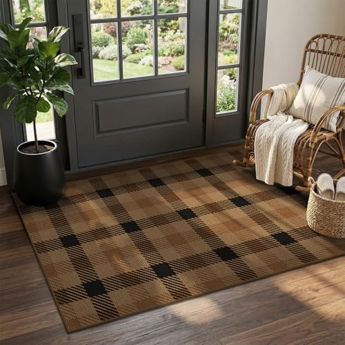 Easy Jute Plaid 3x5 Entryway Rug, Brown Checkered Washable Front Door Mat, Indoor Outdoor Farmhouse Non Slip Rug for Porch, Entrance, Balcony and Kitchen by JTJ