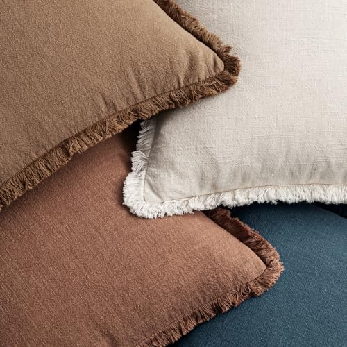 MIULEE Fall Linen Fringe Pillow Covers Set of 4 24x24 Beige/Brown/Blue - Image 6