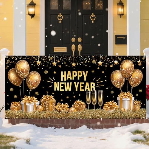 New Year’s Glittering Garage Door Banner – "Happy New Year" with Gold Balloons, Champagne Glasses, and Gifts – Garage Door Cover for Holiday Decor and Outdoor Celebrations - Image 6