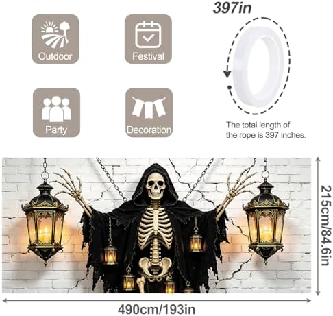 7x16FT Skull Lamp Halloween Garage Door Banner Skeleton Witch Happy Hallowen Garage Door Cover Decoration for Hallowen Decoration - Image 4