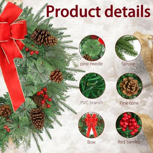 26 Inch Christmas Wreath Decorations,Artificial Wreaths with 50 LED Lights 8 Modes & Timer & Remote Control,144 PVC Tips,Large Red Bow,Pine Cones,Berries for Front Door,Indoor/Outdoor Holiday Decor - Image 3