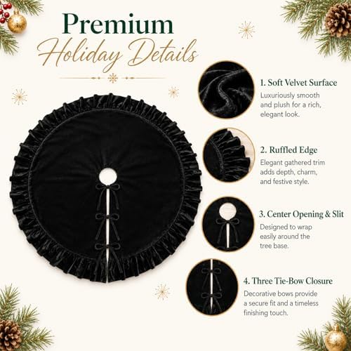 Velvet Christmas Tree Skirt, 60 Inches Black Ruffled Velvet Christmas Tree Skirt,Rustic Vintage Xmas Tree Skirt for Party Decorations - Image 4
