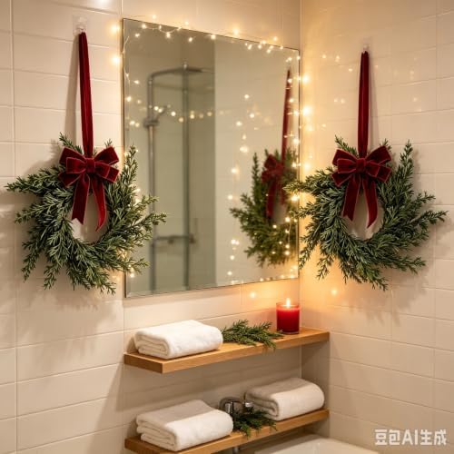 6 Pcs Small 4th of July Hanging Wreaths for Cabinets Patriotic Mini Candle Ring Wreath with Red White Blue Flowers (6, Winter Greenery Cedar Burgundy Bow) - Image 4