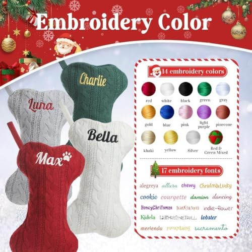 Personalized Dog Christmas Stockings,Custom Embroidered Pet Name & Bone Shape Stocking for Pet,Red Green White Cable Knit 15.7” Large Dog Stocking for Fireplace Holiday Decor Gifts(4 Pack) - Image 5