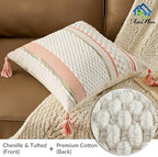 AmHoo Set of 2 Chenille Striped Textured Boho Throw Pillow Covers Aesthetic with Tassels Woven Decorative Pillow Case for Couch Bed Sofa Bedroom Modern Funky 18 x 18-Inch White Orange - Image 2