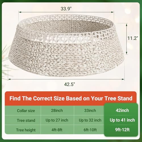 ELYKEN 42 Inch Woven Rattan Christmas Tree Collar, Stylish Seagrass & Water Hyacinth Xmas Tree Skirt for Artificial Trees, Wicker Tree Base Cover with Cord Cut-Out Farmhouse Tree Ring for Home Decor - Image 3