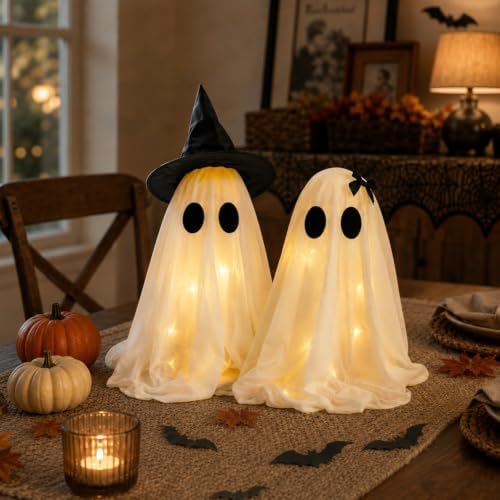 Halloween Decor Set: 2 Light Up Ghosts, Cobweb Scarf & 28 Pcs Bat Stickers - Image 4