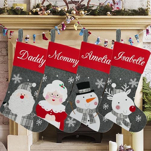 Set of 4, 18" Dia Personalized Gray Christmas Stockings with Embroidery Names, with Holders,Quality Thick Fleece Material Stockings for Family Decor(Santa Mrs.Claus Snowman Elk) - Image 4