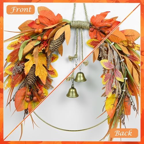 Thanksgiving Fall Wreath for Front Door 15.7 Inch Autumn Wreath Harvest Wreaths with Pine Cones Maple Leaves Berries Autumn Fall Decorations for Porch Wall Outdoor Indoor Festival Party Decor - Image 3