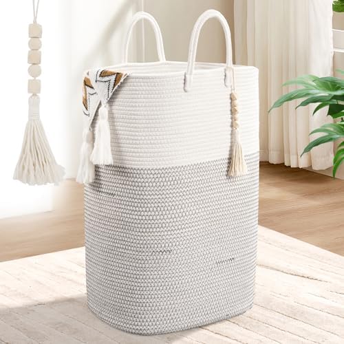 Woven Laundry Basket for Clothes, 100 L Large Rectangle Laundry Hampers with Beads Tassel, Nursery Storage Basket for Toys, Tall Dirty Clothes Hamper for Bedroom Aesthetic, Laundry Room Organization by WENMER