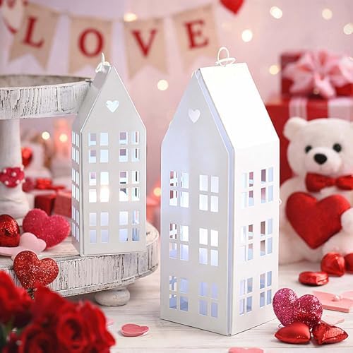 SiliFine 2 Set White House Lanterns with Candles, Christmas Metal Decor - Image 3