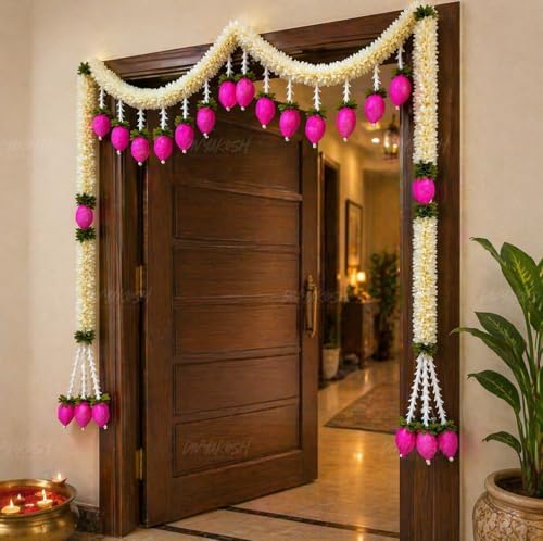 Divyakosh Artificial Flower Door Toran Set, Bandarwal with Lotus Hangings (48 Inch) | Main Door Hanging Decor for Diwali, Wedding, Pooja | Indian Festive Home Entrance Decoration White Pink | - Image 3