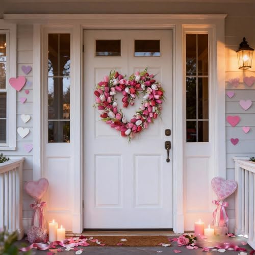 TEMPUS Heart Shaped Wreath for Spring with White Pink Red Tulip and Green Leaves - Love Decor for Mothers Day Wedding Festival Decor - Image 6