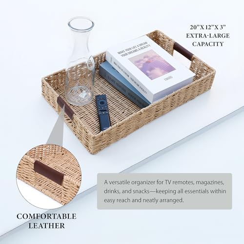 Summit Living Handwoven Multipurpose Rectangle Rattan Tray, 20” x 12” – Durable Wicker Tray with Leather Handles for Home Decor Display - Image 2
