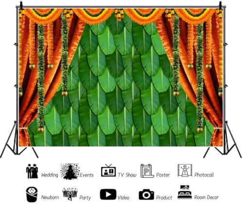 9x6ft India Pooja Backdrop Puja Ganpati Green Banana Leaf Mehndi Festival Photography Background Diwali Hindu Wedding Party Banner Decorations Photo Studio Props - Image 2