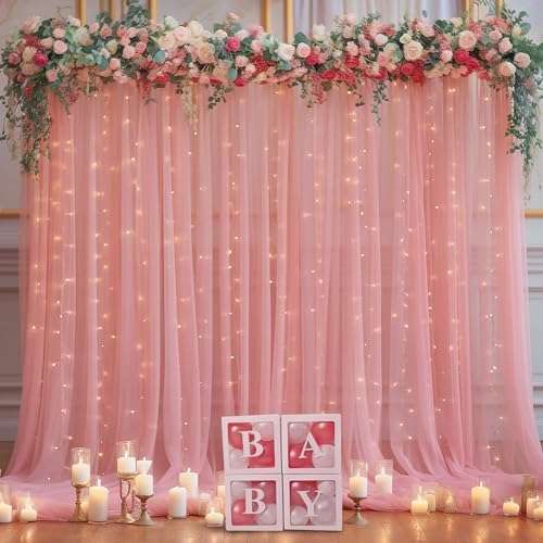 10x8ft Dusty Rose Tulle Backdrop Curtain with Lights String for Parites, Sheer Backdrop Curtains for Wedding Baby Shower Birthday Party Photo Shoot Decorations - Image 3