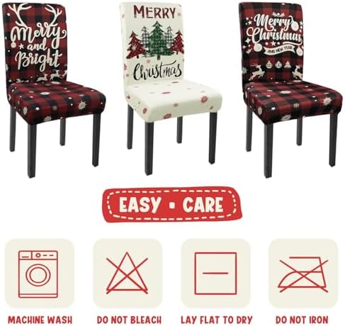 Christmas Chair Covers Set of 6 Xmas Tree Snowflakes Buffalo Plaid Stretch Parsons Chair Slipcovers for Winter Christmas Dining Room Decor Chair Seat Protectors(Christmas Red,6PCS) - Image 6