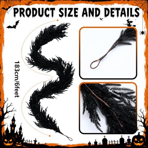 XunYee 6 ft Halloween Black Garland Artificial Norfolk Pine Garland Decor - Image 3