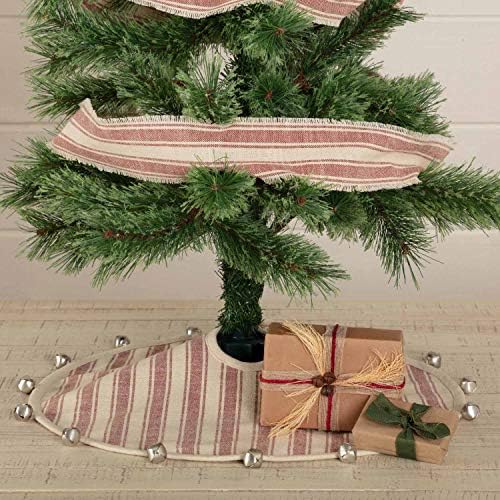 Sleigh Bells Ring Ticking Stripe Mini Tree Skirt, 21" Round, Farmhouse Christmas Red & Cream w/Bells, Christmas, Country Holiday Décor - Image 2