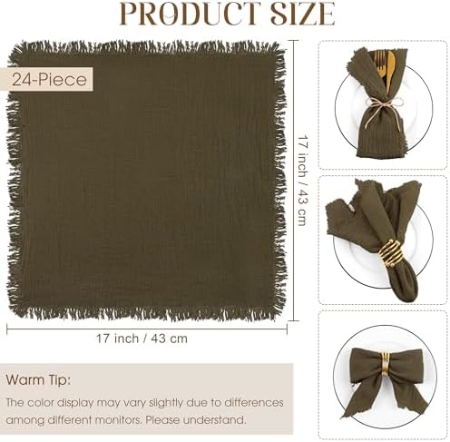 TURSTIN 24 Pieces Cotton Linen Cloth Napkin Handmade Cloth Napkin with Fringe 17 x 17 Inch Soft Dinner Wedding Napkins Square Rustic Fringe Table Napkins for Dinners, Parties, Weddings, Coffee - Image 2