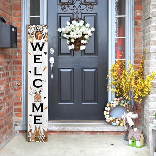 Easter Welcome Sign for Front Door, 47'' Tall Happy Easter Bunny Wooden Porch Sign for Patio, Rabbit Eggs Standing Vertical Door Signs Spring Rustic Yard Signs Seasonal Outdoor Signs for Garden - Image 3