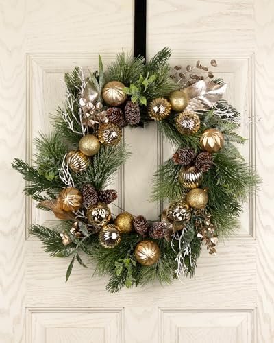 24” Christmas Wreath for Front Door with Lights Hanger Golden Ball Artificial Frosted Evergreen Pine Cones Gilded Forest Foliage Winter Outdoor Décor Indoor Wall Decorations - Image 4
