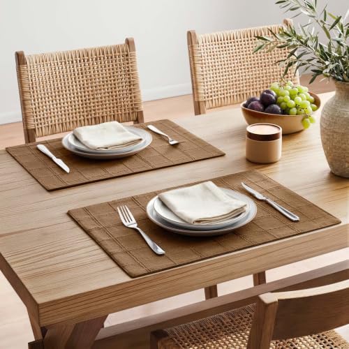 ZeeMart Linen Checked Farmhouse Placemats Set of 6, Roasted Brown 13x19in - Image 2