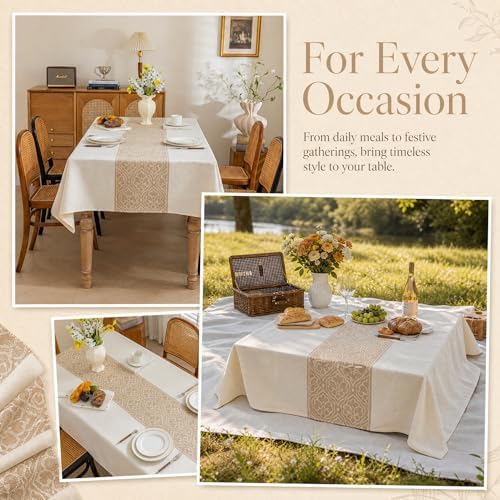 Boho Faux Linen Tablecloth, Rectangle Vintage Geometric Cover - Image 4