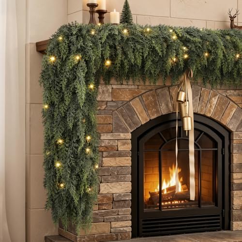 12FT Pre-Lit Cedar Christmas Garland with Lights, Real Touch Mantel Decor by SHareconn