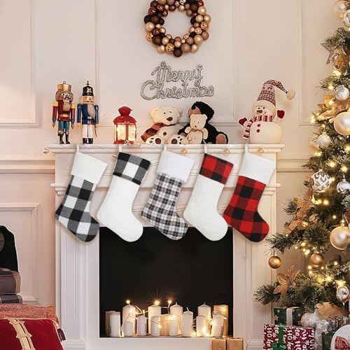 Buffalo Plaid Christmas Stockings Set 5, Large Traditional Red and Black Xmas Stockings, Unique Christmas Stocking for Mantel Fireplace Hanging Decor Holiday Christmas Decorations Indoor 20 inch - Image 5