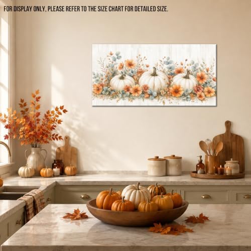WAXWHELK Pumpkin Fall Canvas Wall Art, White Pumpkins and Orange Flowers Autumn Painting Pictures, Rustic Farmhouse Artwork for Living Room Bedroom Thanksgiving Home Decor (16"x32") - Image 3