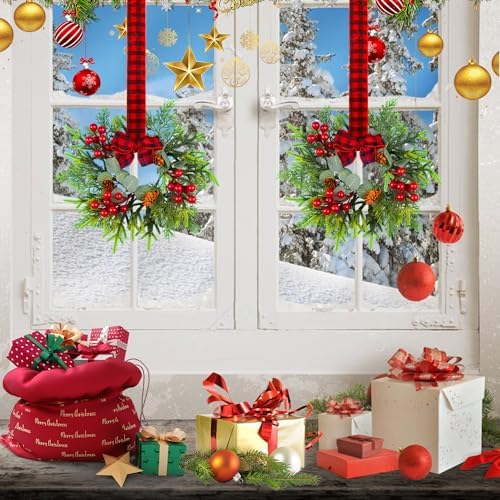 4Pcs Small Christmas Wreath - Mini Wreaths with Red Berry Pine Eucalyptus Christmas Wreaths for Door Kitchen Cabinets Window Fireplaces Decor - Image 4