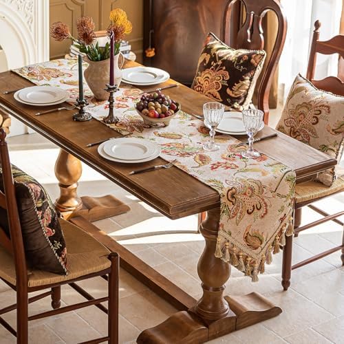 Floral Embroidered Table Runner 72" Non-Slip Tassels, Ivory - Image 2