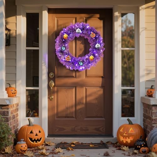 VINGLI 24 Inch Purple Christmas Wreath with Lights, Small Xmas Wreath with 50 Purple and Orange LEDs, 100 PVC Tips, Colorful Balls, Battery Operated for Halloween Easter Christmas Decor - Image 5