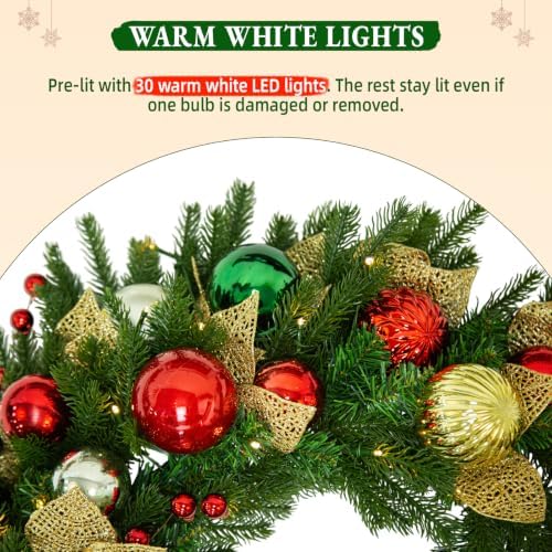 Hykolity 24 Inch Pre-Lit Christmas Wreath with 30 Warm White LED Lights and Timer, Battery Operated Artificial PE & PVC Wreath with Multicolor Ornaments and Glittered Gold Leaves for Front Door - Image 5
