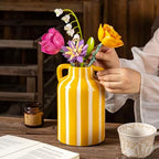 SURE YUESI Yellow Ceramic Vase with Handles, Modern Farmhouse Striped Decorative Vase, 9.1" Art Deco Tall Flower Vases for Pampas Grass, Shelf Decor, Dining Table Centerpiece, Living Room Home Decor - Image 7
