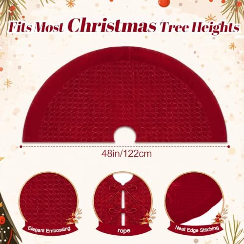 Arrowbash 48 Inch Velvet Christmas Tree Skirt Quilted Tree Skirt, Red - Image 3
