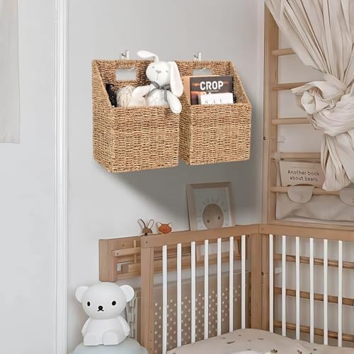 Wicker Hanging Storage Basket (10,5"Lx6,5"Wx13"H), Set of 2 Wall Baskets, Seagrass Baskets, Wall Decor Wicker Basket Hanging for Organizing Files, Mails, Books, Magazine,... - Image 3