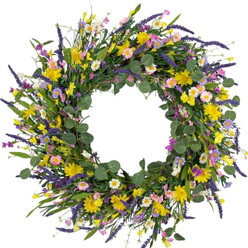 J'FLORU Large Spring Wreaths for Front Door 28 Inch Artificial Spring Wreath Summer Flower Wreath with Daisy and Lavender for Indoor Outdoor Wall Window and Easter Celebration by JFLORU