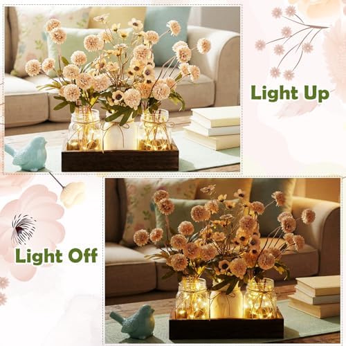 Suncalla 3 Pcs Khaki Fake Kiku Flowers Mason Jar Table Centerpiece - Image 3