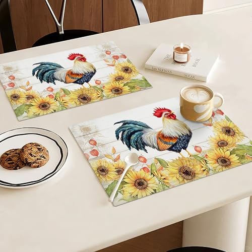 Farmhouse Rooster Placemats Set of 6, 12x18 Inch Country Chicken Table Place Mat Rustic Farm Animal Washable Non-Slip Heat Resistant Fabric Placement Mats for Dining Kitchen Indoor Outdoor Decor - Image 2