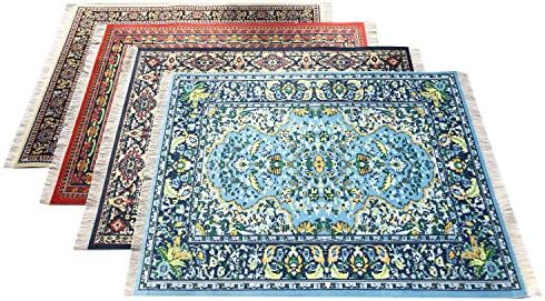 Set of 4 Rug Placemats – Miniature Oriental & Turkish Carpet Style Table Mats, Decorative Fabric Dinner Mats with Fringes, Washable, Rectangular 16x12 inch, Colorful Table Setting Accessories by Inusitus