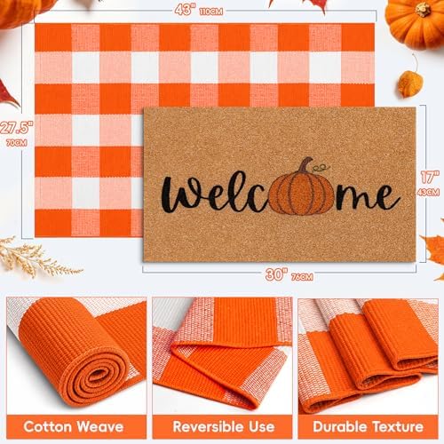 2 Pcs Fall Door Mat, Layered Pumpkin Welcome Coir Doormat with Orange and White Buffalo Plaid Mats, 30"x18" Front Doormat with Non-Slip TPR Backing, Farmhouse Autumn Porch Decor for Entryway Patio - Image 2